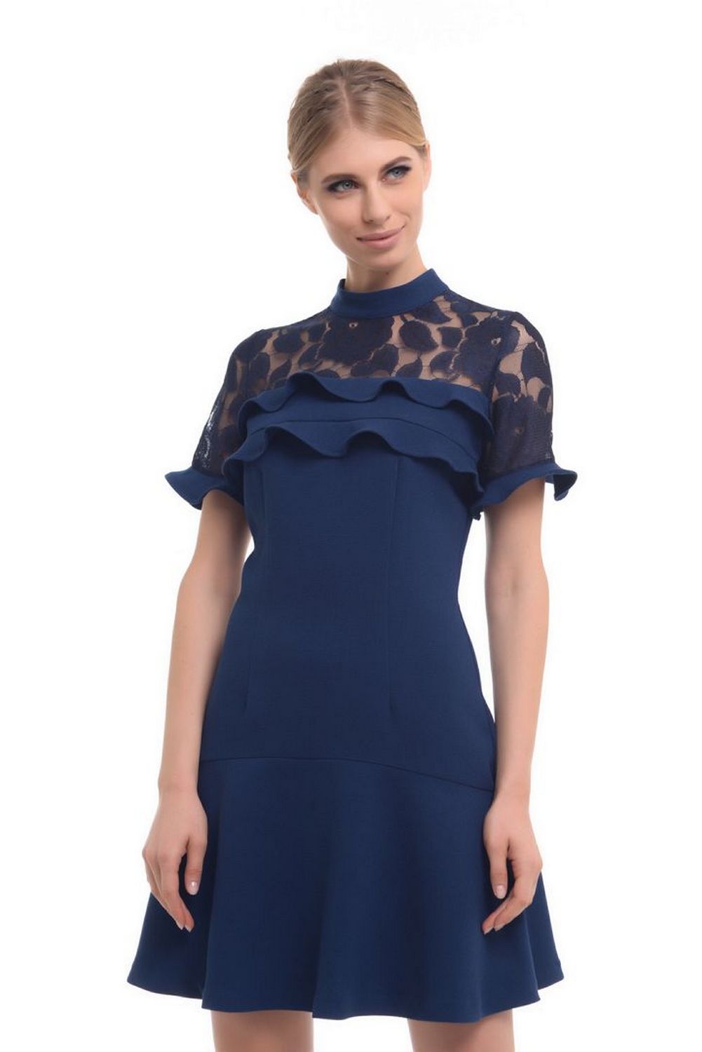 Buy Women Blue Guipure Lace Elegant dress, Above the knee short sleeve party dress by Arefeva